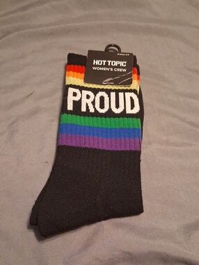 Hot Topic "Proud" Black Crew Socks with Rainbow Stripes